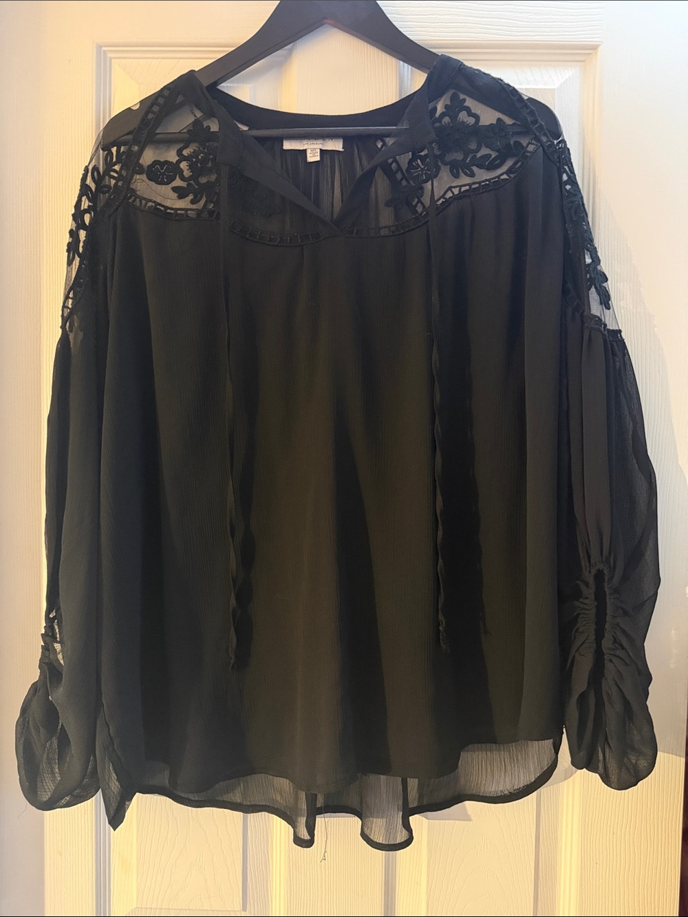Black Sheer Lace-Yoke Blouse with Tie Neck